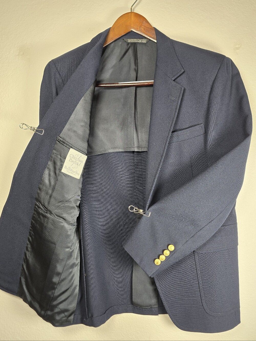 Vintage 1988 Christian Brooks Navy Blue Blazer 44R Gold Crest Buttons USA Made